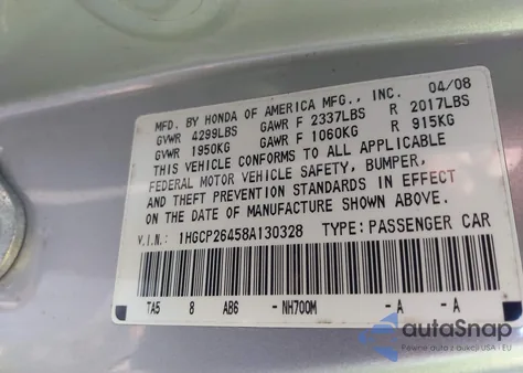 2008 Honda Accord 2.4 Lx-P z USA, uszkodzony, nr VIN 1HGCP26458A130328